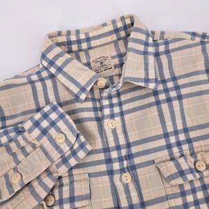 J. Crew Mens M Flannel Shirt Blue Cream Plaid Cotton Button Down Long Sleeve